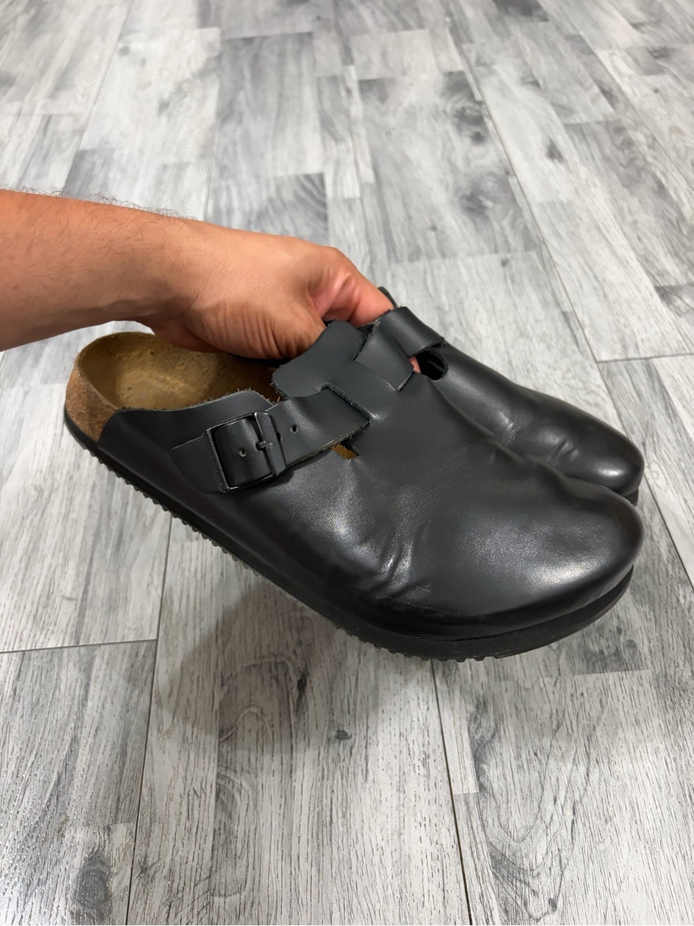 Birkenstock Boston Supergrip Black Leather Slip-On Clog with Buckle Detail Sz 44